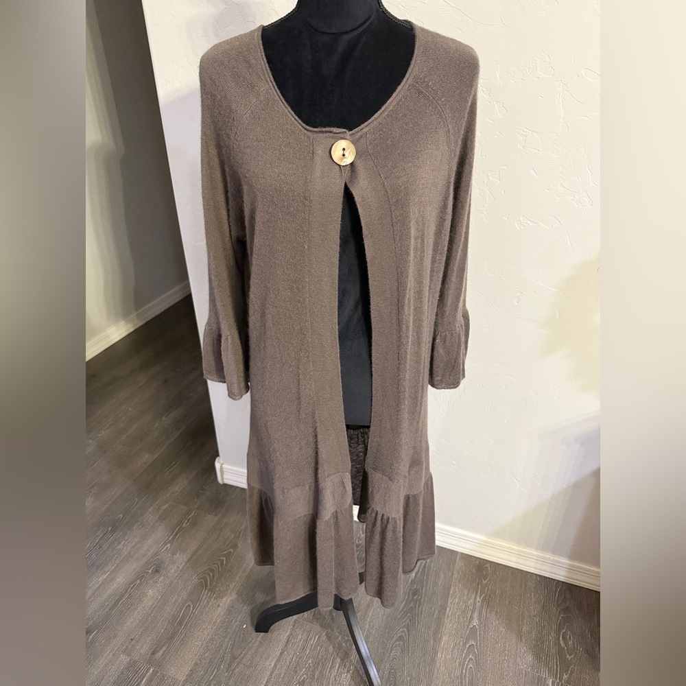 Nordstrom Taupe Open-Front Cashmere Floor Duster Cardigan with Ruffle Hem. OS